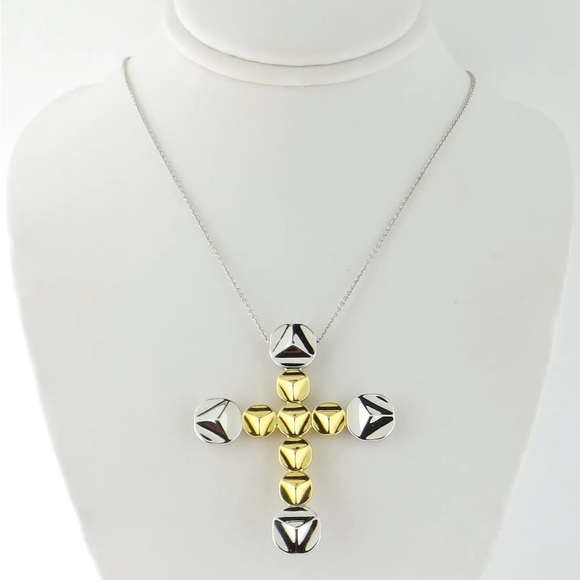 Chimento 18K Yellow White Gold Large Cross Pendant on Chain Necklace, Italy - Picture 5 of 10